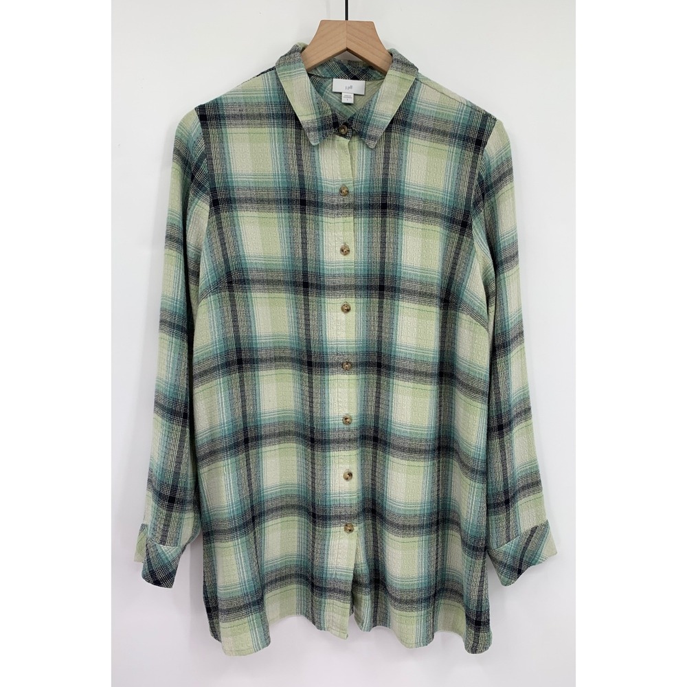 J Jill Shirt Womens Large Green Plaid Long Sleeve Soft Casual Fall Preppy Button